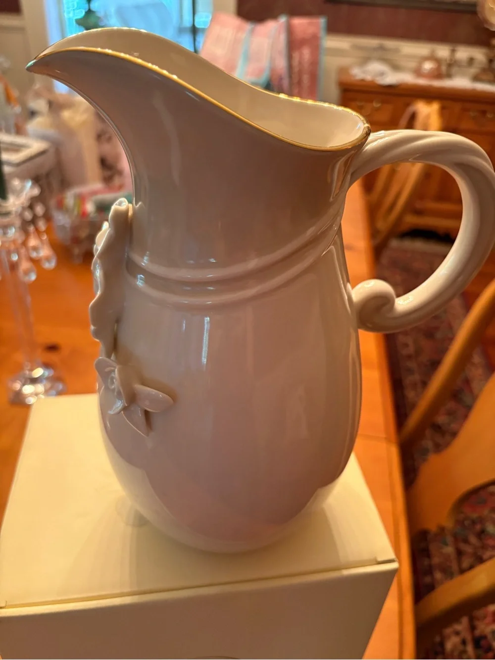 Lenox Cream Porcelain Pitcher/Vase with Gold Trim and Floral Appliqué